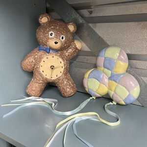 Vintage Ceramic Teddy Bear Wall Clock with Balloons – Nursery Wall Decor